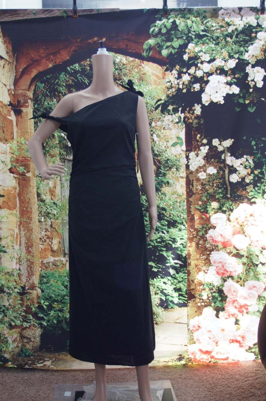WAYF Clio Tie Shoulder Black Asymmetrical Neck Midi Dress size S